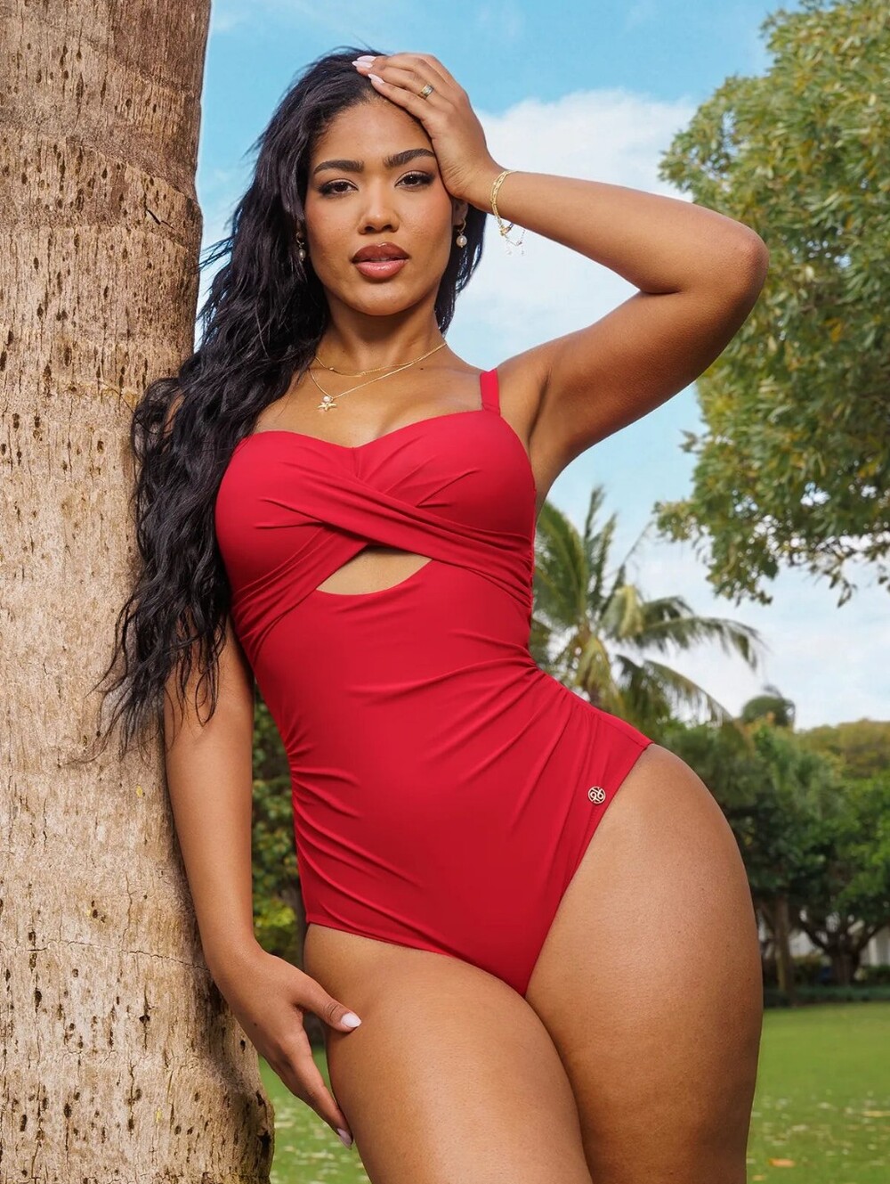 💕Womens Red One-Piece Swimwear with Twist Front Tummy Control Popilush Medium💕